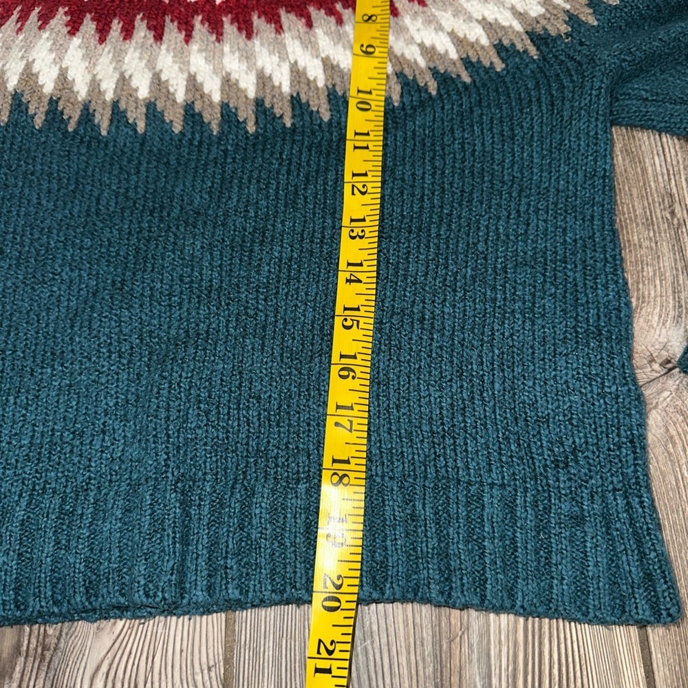 American Eagle Fair Isle Teal Tan Red Knit Sweater Mock Neck Long Sleeve Small - Picture 8 of 9